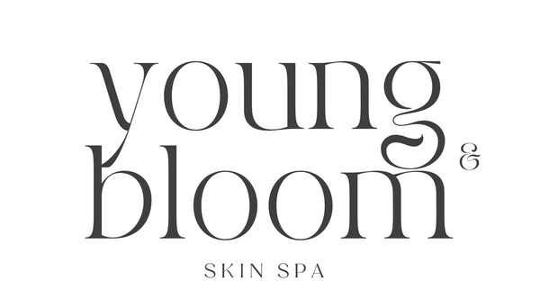 young & bloom skin black logo text over a white background