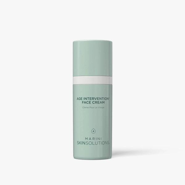 Green face cream bottle labeled 'Age Intervention Face Cream' by Marini Skinsolutions on a white background