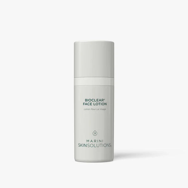 White face lotion bottle labeled 'Bioclear Face Lotion' by Marini Skinsolutions on a white background