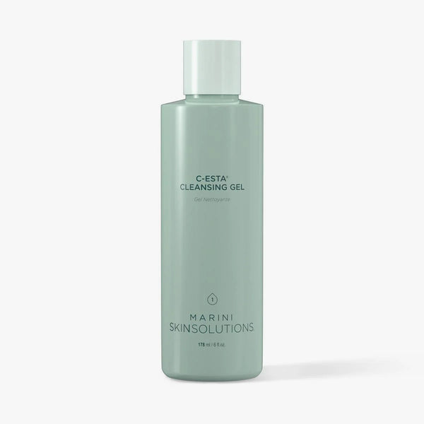 Green bottle of G-Esta Cleansing Gel by Marini Skinsolutions on a white background