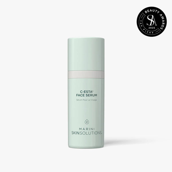 Light green face serum bottle with 'Marini Skinsolutions' branding on a white background.