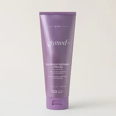A lavender purple squeeze tube of glymed+ Barrier Repair Cream by ELITE, standing upright against a light beige background.