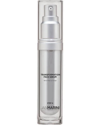 Silver serum bottle labeled 'Transformation Face Serum' by Jan Marini on a white background