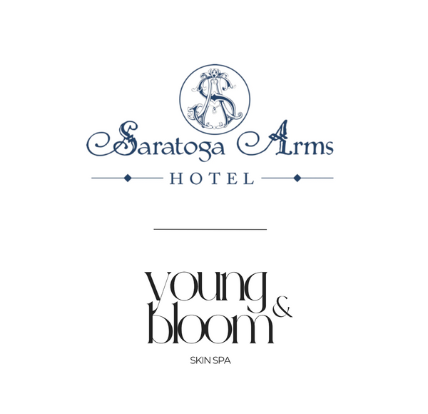 Logo of Saratoga Arms Hotel and Young & Bloom Skin Spa on a white background