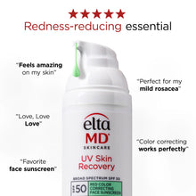 Load image into Gallery viewer, Elta MD UV Skin Recovery sunscreen bottle with customer testimonials on a white background
