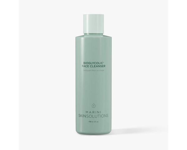 Green bottle of Bioglycolic Face Cleanser by Marini Skinsolutions on a white background