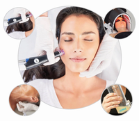 Woman receiving a facial treatment with close-up insets of the process.