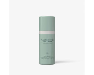 Green face cream tube labeled 'Transformation Face Cream' by 'Marini Skin Solutions' on a white background
